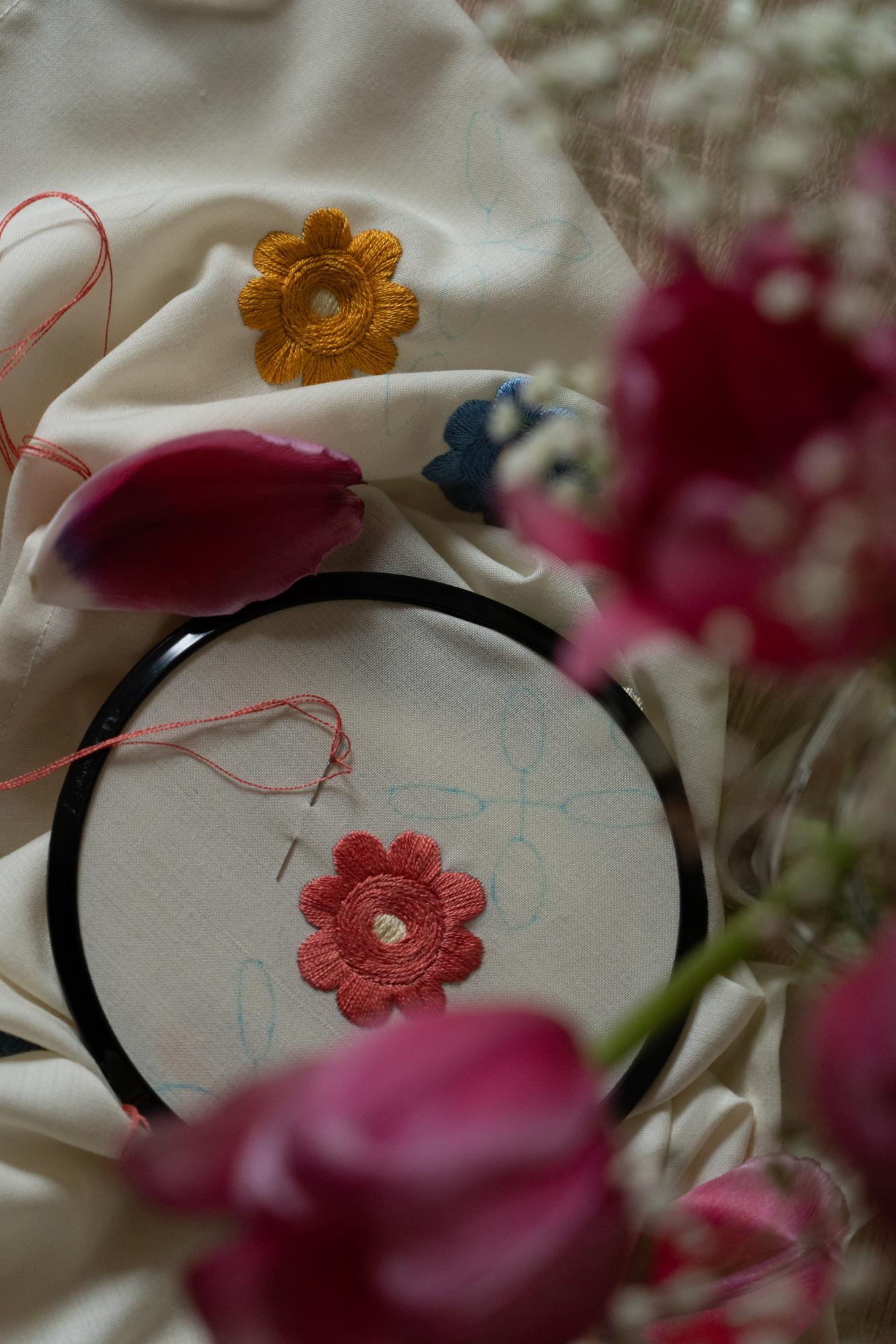 Detaliu broderie florală pe in